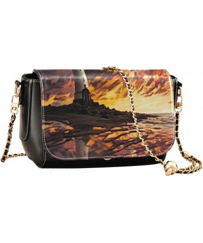 Sunset Lighthouse Leather Crossbody Bag for Women Small Handbag with Chain Strap, Flip-Top Crossbody Purse $18.40 Crossbody Bags