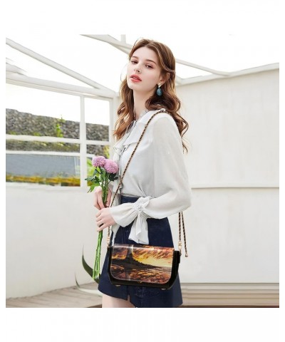 Sunset Lighthouse Leather Crossbody Bag for Women Small Handbag with Chain Strap, Flip-Top Crossbody Purse $18.40 Crossbody Bags