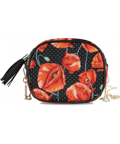 PU Leather Small Crossbody Bag Purse Wallet Red Poppy Flower Polka Dot Cell Phone Bags with Adjustable Chain Strap & Multi Po...