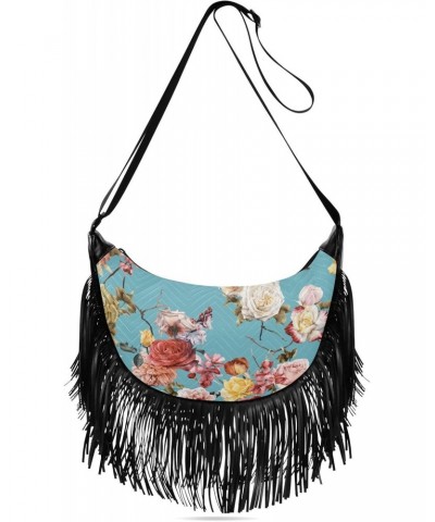 Women's Fringe Crossbody Tassel Purse Watercolor Roses Hobo Shoulder Bags Crossbody Handbag with Adjustable Shoulder Straps $...