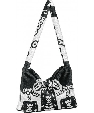 Women Boho Handbag Vintage Dala Horse Black White Underarm Bag Tote Bag Shoulder Bag Crossbody Bag Fluffy Cell Phone Purse Pa...