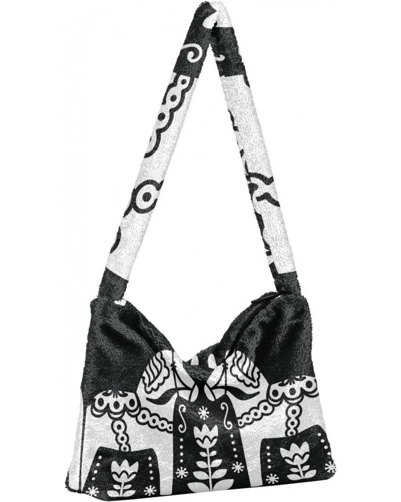 Women Boho Handbag Vintage Dala Horse Black White Underarm Bag Tote Bag Shoulder Bag Crossbody Bag Fluffy Cell Phone Purse Pa...