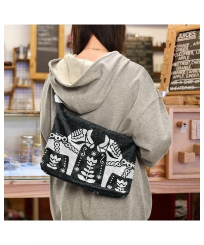 Women Boho Handbag Vintage Dala Horse Black White Underarm Bag Tote Bag Shoulder Bag Crossbody Bag Fluffy Cell Phone Purse Pa...