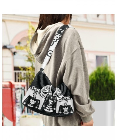 Women Boho Handbag Vintage Dala Horse Black White Underarm Bag Tote Bag Shoulder Bag Crossbody Bag Fluffy Cell Phone Purse Pa...