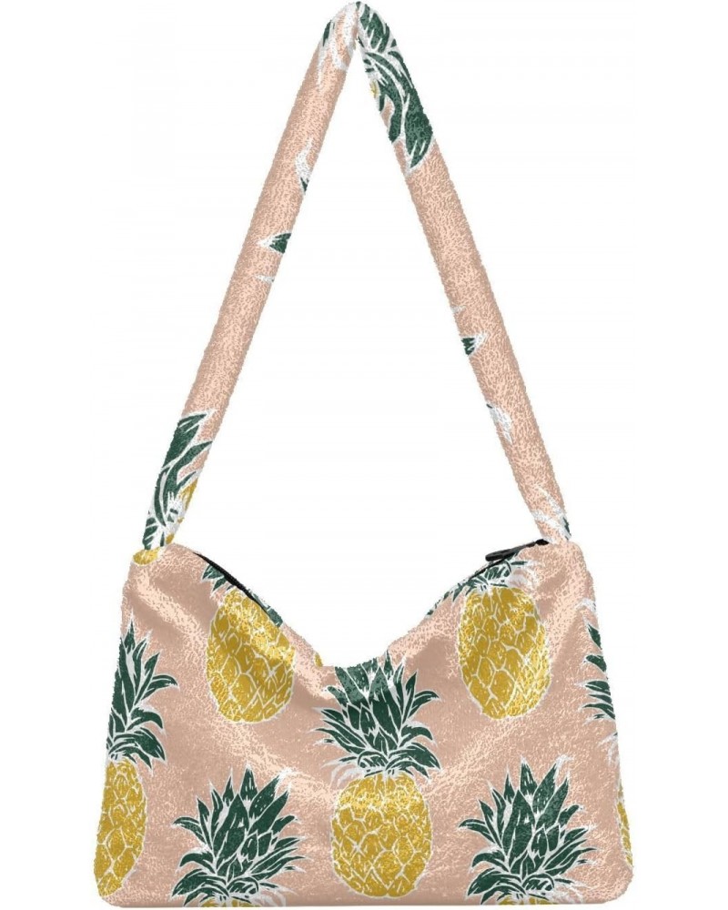 Pineapples Pattern Fluffy Crossbody Bag Furry Tote Bags for Women Fuzzy Purse Handbag Lady Shoulder Bag Large Plush Bag with ...