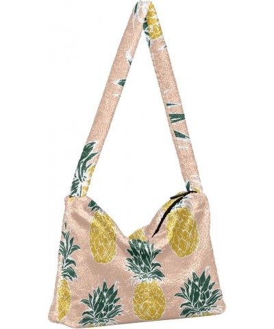 Pineapples Pattern Fluffy Crossbody Bag Furry Tote Bags for Women Fuzzy Purse Handbag Lady Shoulder Bag Large Plush Bag with ...