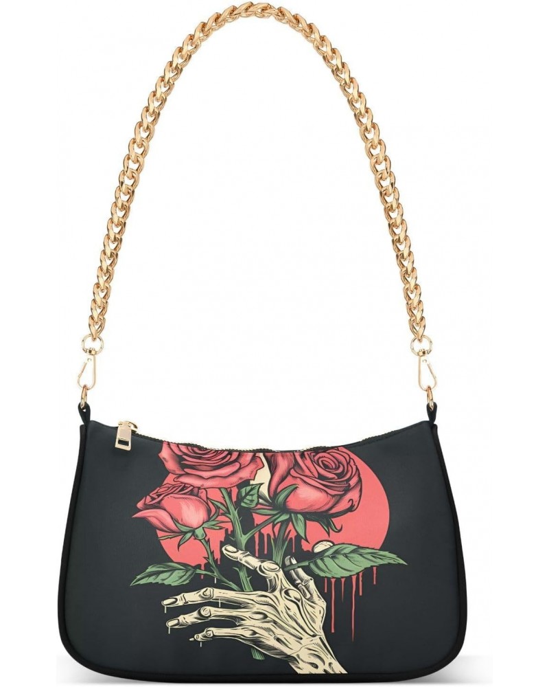 Women Shoulder Bag Skeleton Hand Holding Roses Lightweight Clutch Handbags Casual Tote Handbags $12.60 Totes