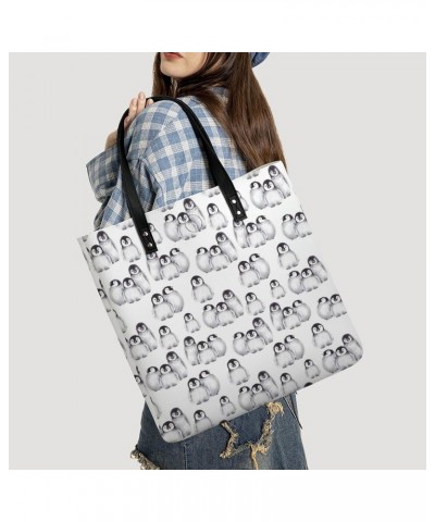 Cute Penguins Winter Animals Tote Bags PU Leather Shoulder Bag Purses Work Tote Handbags for Women Men $13.39 Totes