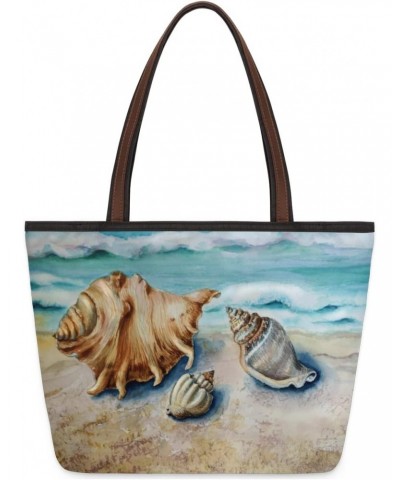 Ocean Beach Seashell Waves Large Tote Bag For Women Shoulder Handbags with Zippper Top Handle Satchel Bags for Shopping Trave...