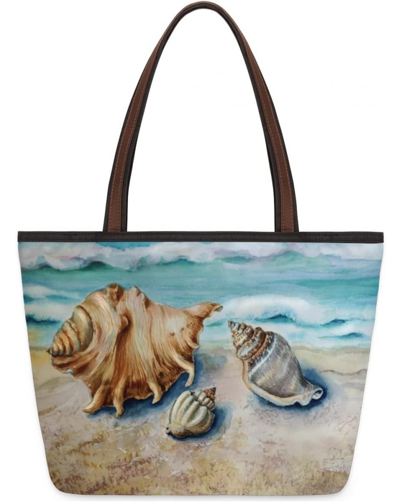 Ocean Beach Seashell Waves Large Tote Bag For Women Shoulder Handbags with Zippper Top Handle Satchel Bags for Shopping Trave...