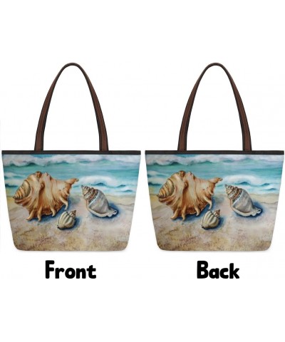 Ocean Beach Seashell Waves Large Tote Bag For Women Shoulder Handbags with Zippper Top Handle Satchel Bags for Shopping Trave...