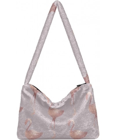 Rose Gold Flamingo Furry Tote Bag for Women Crossbody Bag Crossbody Tote Hobo Bags with Zipper for Travel $10.70 Totes