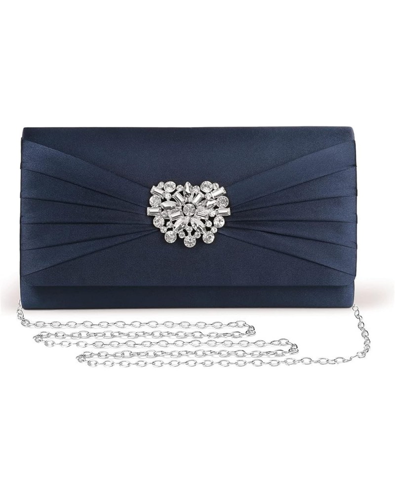 Evening Bags For Women Pleated Satin Rhinestone Brooch Prom Clutch Purse With Detachable Chain Strap Navy $14.57 Evening Bags