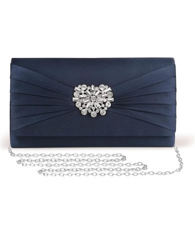 Evening Bags For Women Pleated Satin Rhinestone Brooch Prom Clutch Purse With Detachable Chain Strap Navy $14.57 Evening Bags