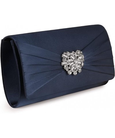 Evening Bags For Women Pleated Satin Rhinestone Brooch Prom Clutch Purse With Detachable Chain Strap Navy $14.57 Evening Bags