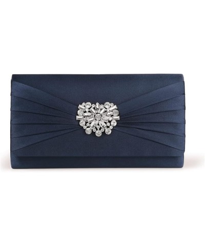 Evening Bags For Women Pleated Satin Rhinestone Brooch Prom Clutch Purse With Detachable Chain Strap Navy $14.57 Evening Bags