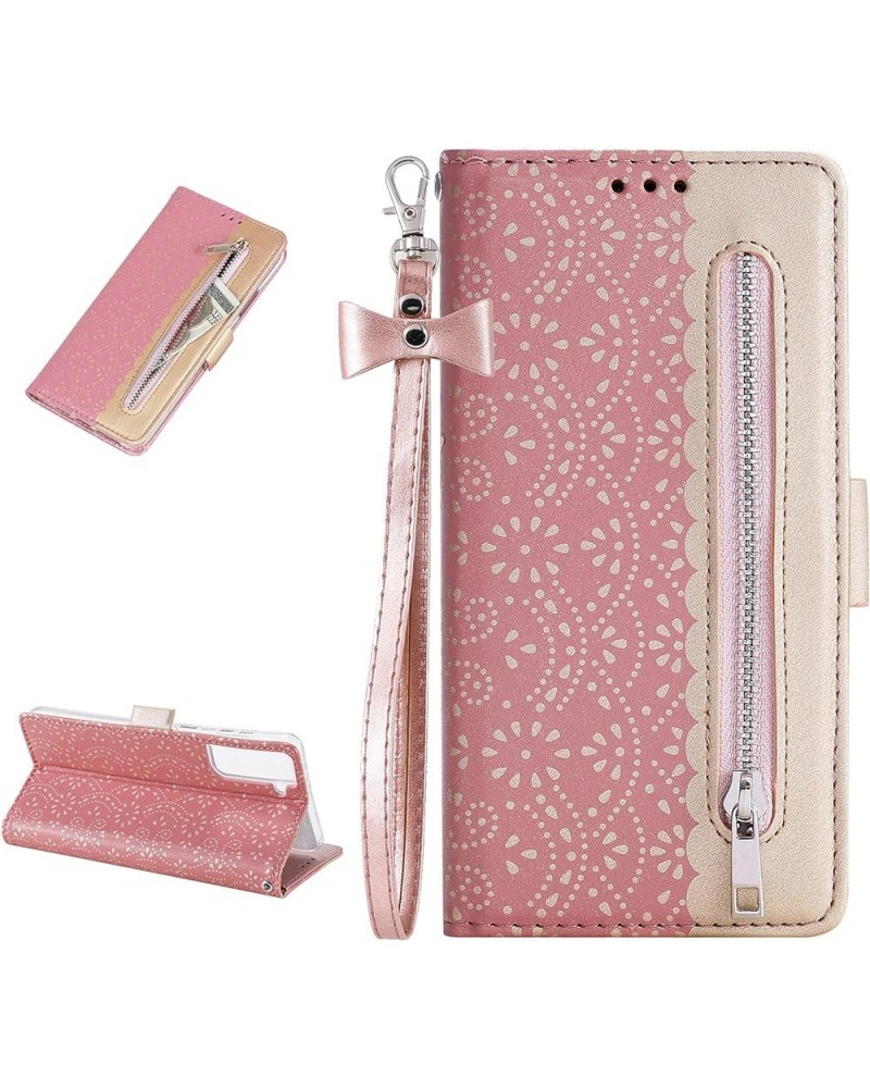 Wallet Case for Samsung Galaxy S21 6.2 Inch, Elegant Lace Flower Printed Soft PU Leather Zipper Pocket Purse Case Flip Kickst...