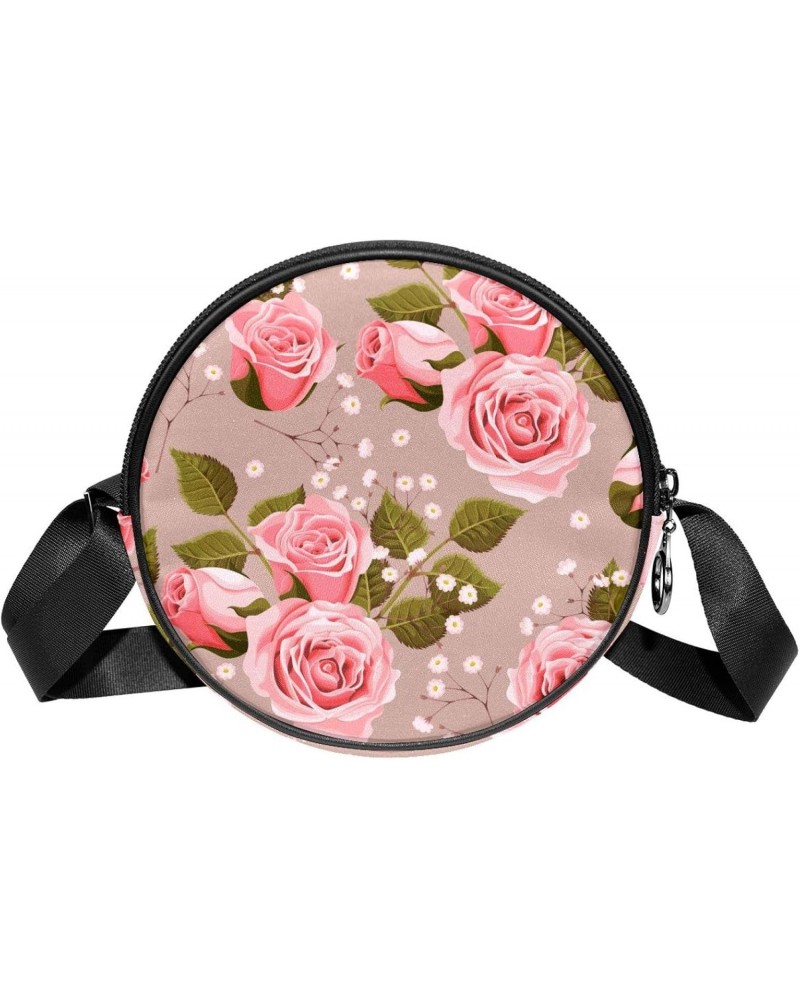 Vintage Pink Rose Flowers Pattern Crossbody Bag for Women Teen Girls Round Canvas Shoulder Bag Purse Tote Handbag Bag $9.03 T...