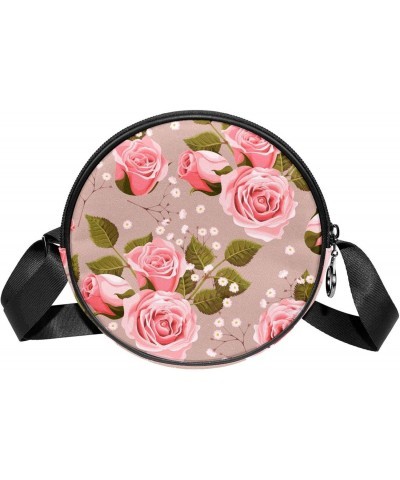 Vintage Pink Rose Flowers Pattern Crossbody Bag for Women Teen Girls Round Canvas Shoulder Bag Purse Tote Handbag Bag $9.03 T...