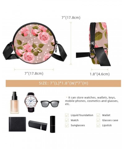 Vintage Pink Rose Flowers Pattern Crossbody Bag for Women Teen Girls Round Canvas Shoulder Bag Purse Tote Handbag Bag $9.03 T...