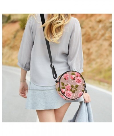 Vintage Pink Rose Flowers Pattern Crossbody Bag for Women Teen Girls Round Canvas Shoulder Bag Purse Tote Handbag Bag $9.03 T...