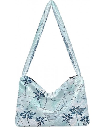 Floral Printed Colorful Girls Ladies Hobo Bag, Fur Tote Women's Shoulder Purse Tropical Oasis Island Teal1 $9.45 Totes