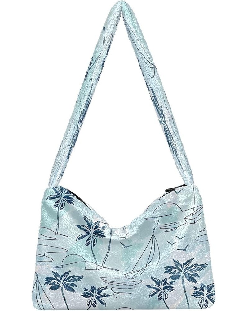 Floral Printed Colorful Girls Ladies Hobo Bag, Fur Tote Women's Shoulder Purse Tropical Oasis Island Teal1 $9.45 Totes