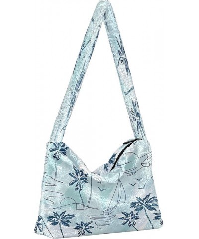 Floral Printed Colorful Girls Ladies Hobo Bag, Fur Tote Women's Shoulder Purse Tropical Oasis Island Teal1 $9.45 Totes