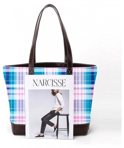 The Tote Bag For Women,Tote Bag With Zipper,Canvas Tote Bag,Blue Green Color Plaid Handbags $27.78 Totes