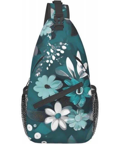 Teal Grey And White Floral Crossbody Bag, Men'S And Women'S Chest Crossbody Bag, Zipper Closure, Strap Length Adjustable $15....