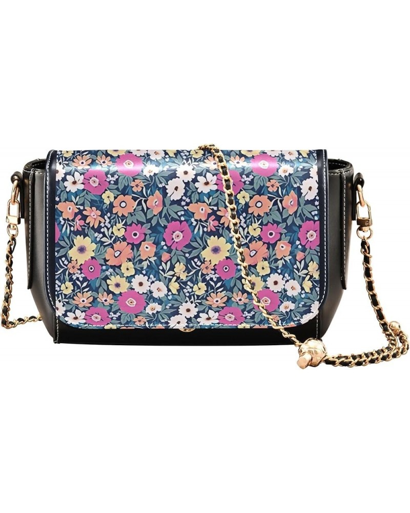 Floral Blue Small Flower Shoulder Leather Bags Black Women Crossbody Bag Purses Trendy Handbag with Chain Strap Floral Libert...