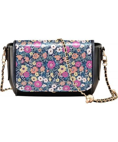 Floral Blue Small Flower Shoulder Leather Bags Black Women Crossbody Bag Purses Trendy Handbag with Chain Strap Floral Libert...