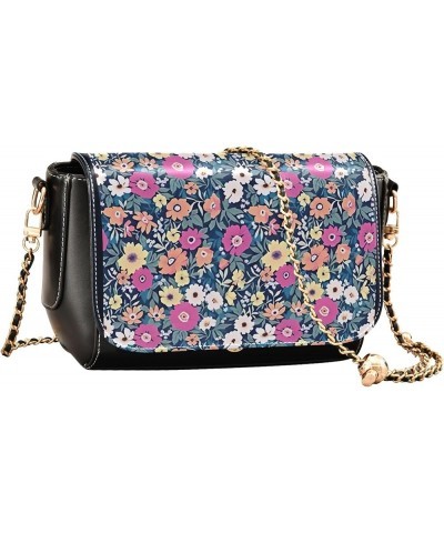 Floral Blue Small Flower Shoulder Leather Bags Black Women Crossbody Bag Purses Trendy Handbag with Chain Strap Floral Libert...