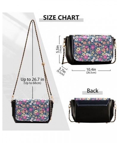 Floral Blue Small Flower Shoulder Leather Bags Black Women Crossbody Bag Purses Trendy Handbag with Chain Strap Floral Libert...