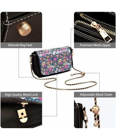 Floral Blue Small Flower Shoulder Leather Bags Black Women Crossbody Bag Purses Trendy Handbag with Chain Strap Floral Libert...