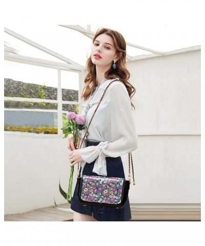 Floral Blue Small Flower Shoulder Leather Bags Black Women Crossbody Bag Purses Trendy Handbag with Chain Strap Floral Libert...