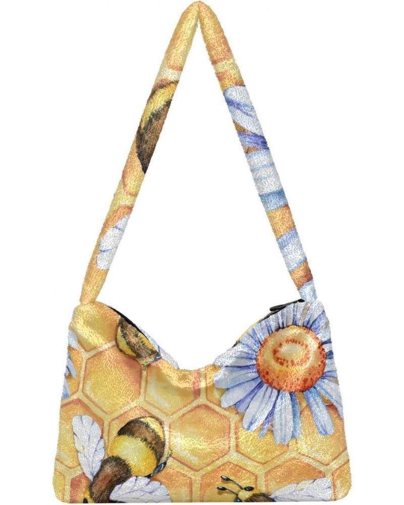 Yellow Bee Flower Furry Tote Bag for Women Crossbody Bag Shoulder Bag Purse Puffy Tote Bag with Zipper for Women Work $11.33 ...