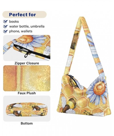 Yellow Bee Flower Furry Tote Bag for Women Crossbody Bag Shoulder Bag Purse Puffy Tote Bag with Zipper for Women Work $11.33 ...