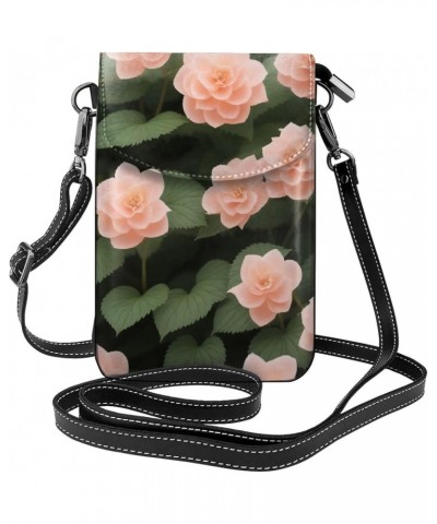 Pink Flowers Print Crossbody Mini Phone Bag For Women,Fashionable Cute Pu Splashproof Phone Bag,With Card Slot Pink Chinese R...