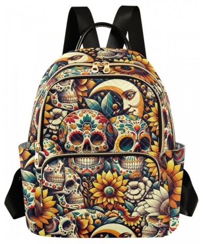 Retro Skuls Sunflowers Mini Backpack Purse for Women, Floral Artistic Travel Backpack Fashion Backpack Handbag Shoulder Bag S...