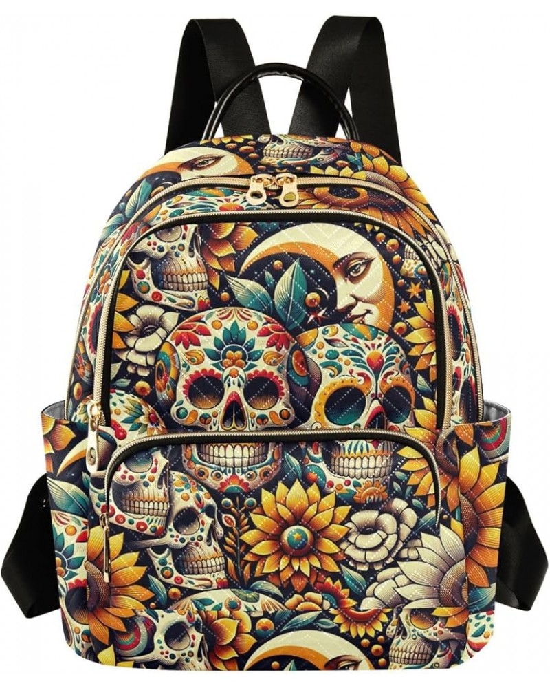 Retro Skuls Sunflowers Mini Backpack Purse for Women, Floral Artistic Travel Backpack Fashion Backpack Handbag Shoulder Bag S...