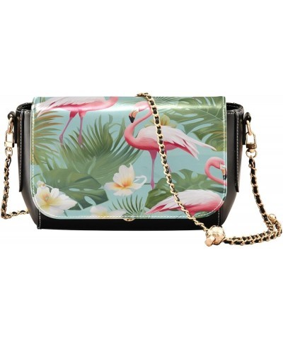 Pink Flamingos and Palm Leaves on Green Leather Women Crossbody Bag, Crossbody Bags Leather for Women, Leather Shoulder Bags ...