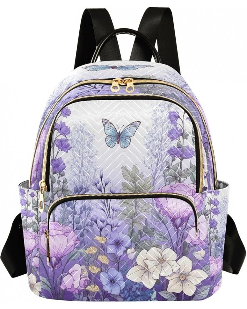 Purple Flowers Butterfly Quilted Backpack for Women Travel Bags Shoulder Bag Purse for Work Nurse Daily S Small $13.33 Backpacks