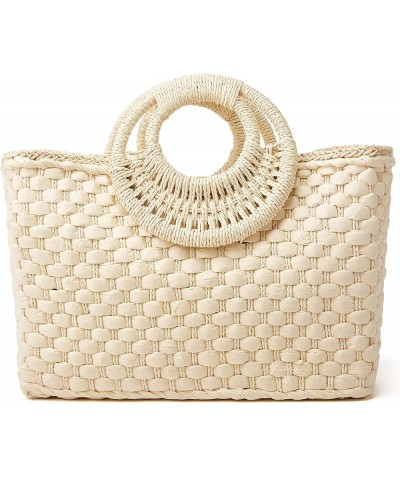 Women Straw Handbag, Large Capacity Woven Handmade Round Handle Hobo Bag, Casual Retro Vacation Beach Bag Beige $26.24 Totes