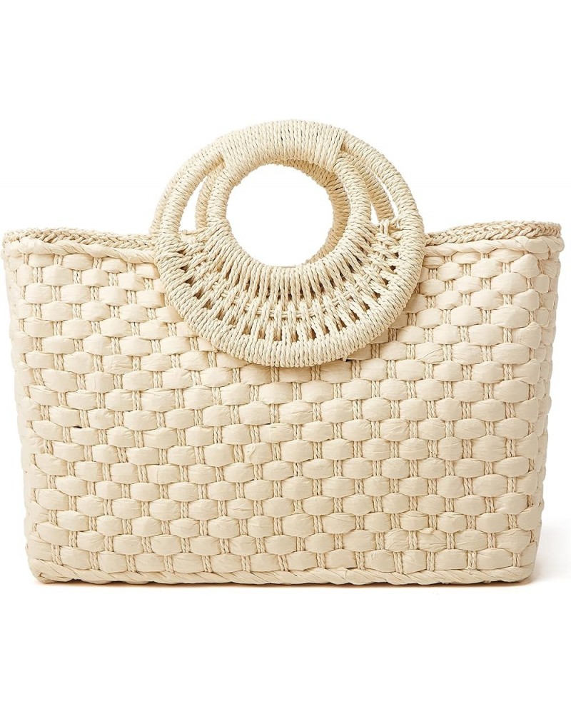 Women Straw Handbag, Large Capacity Woven Handmade Round Handle Hobo Bag, Casual Retro Vacation Beach Bag Beige $26.24 Totes