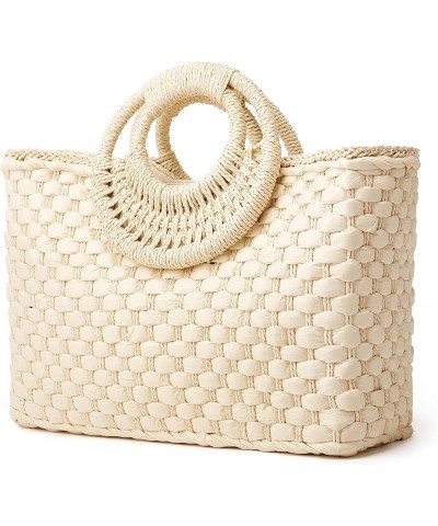 Women Straw Handbag, Large Capacity Woven Handmade Round Handle Hobo Bag, Casual Retro Vacation Beach Bag Beige $26.24 Totes