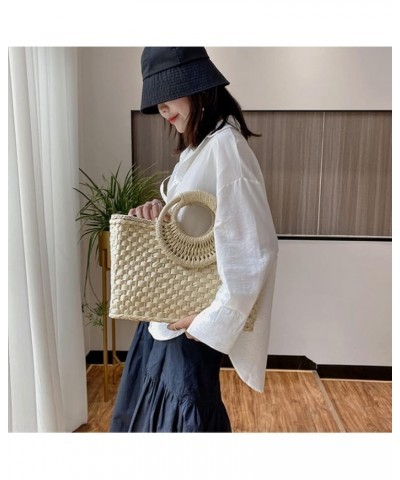 Women Straw Handbag, Large Capacity Woven Handmade Round Handle Hobo Bag, Casual Retro Vacation Beach Bag Beige $26.24 Totes