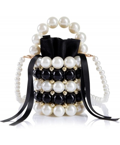 Women Beaded Evening Bucket Bag Small Lipstick Handbag Velvet Lining with Detachable Chain for Wedding Party Black&white $8.5...