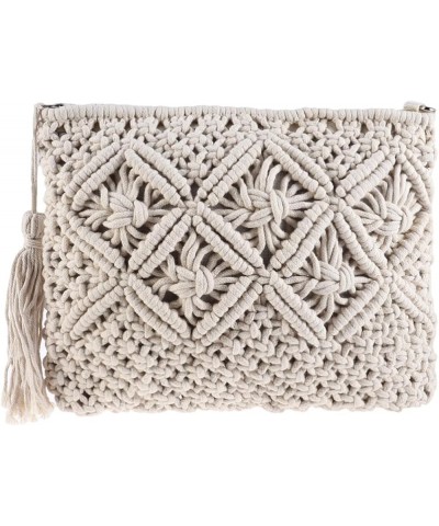 Woven Handbag Cotton Summer Beach Hollow Clutch Bag Tassel Vintage Envelope Handbag for Women White White $11.46 Totes