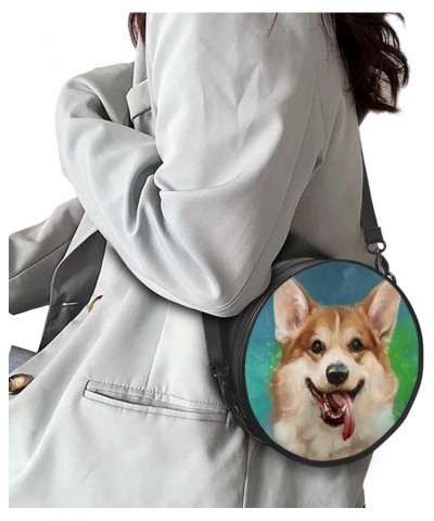 Travel Crossbody Tote Bags Zipper Round Leather Handbags Mini Shoulder Bag for Women Girls Corgi $12.88 Totes